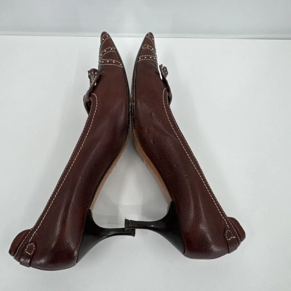 Ballin VTG Brown‎ Leather Kitten Heel 37.5 Italy Studded Fringe Metal Classic